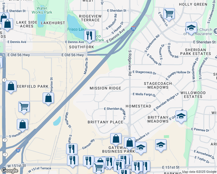 map of restaurants, bars, coffee shops, grocery stores, and more near 1225 East Butterfield Place in Olathe