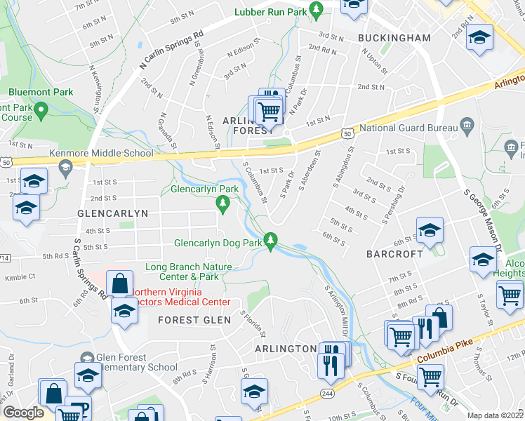 map of restaurants, bars, coffee shops, grocery stores, and more near 146 South Columbus Street in Arlington