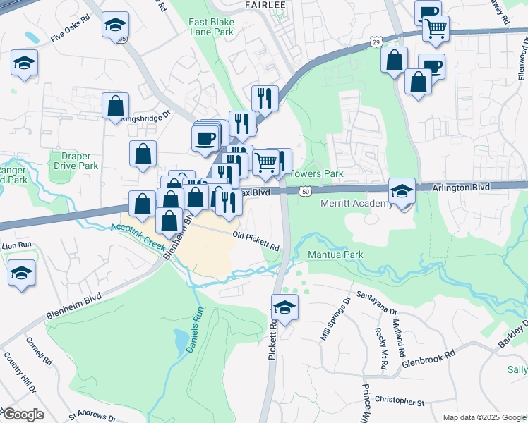 map of restaurants, bars, coffee shops, grocery stores, and more near 9467 Fairfax Boulevard in Fairfax