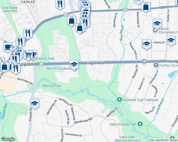 map of restaurants, bars, coffee shops, grocery stores, and more near 3148 Colchester Brook Lane in Fairfax