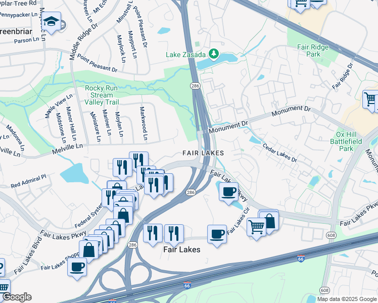 map of restaurants, bars, coffee shops, grocery stores, and more near 12614 Fair Crest Court in Fairfax