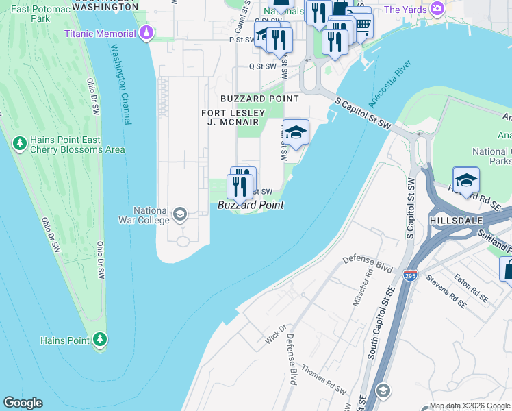 map of restaurants, bars, coffee shops, grocery stores, and more near 2121 1st Street Southwest in Washington