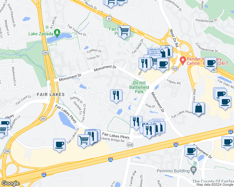 map of restaurants, bars, coffee shops, grocery stores, and more near 4229 Sleepy Lake Drive in Fairfax