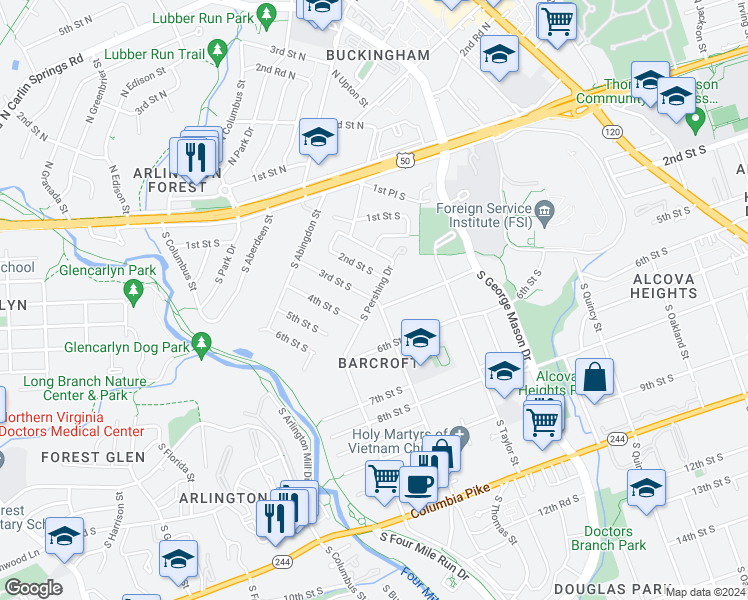 map of restaurants, bars, coffee shops, grocery stores, and more near 3rd Street South in Arlington