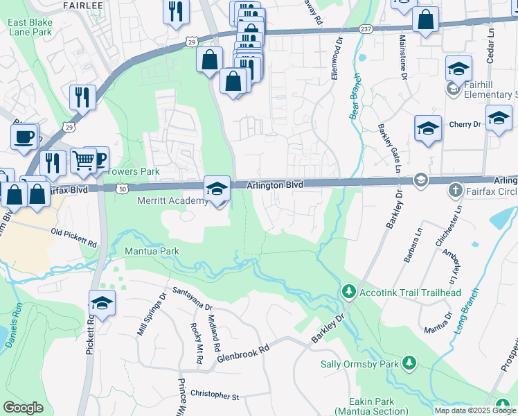 map of restaurants, bars, coffee shops, grocery stores, and more near 3148 Colchester Brook Lane in Fairfax