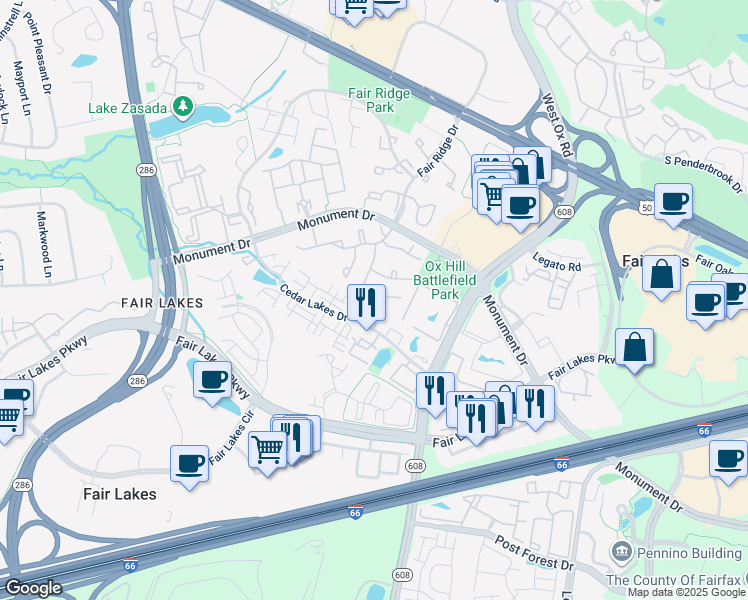 map of restaurants, bars, coffee shops, grocery stores, and more near 4229 Sleepy Lake Drive in Fairfax