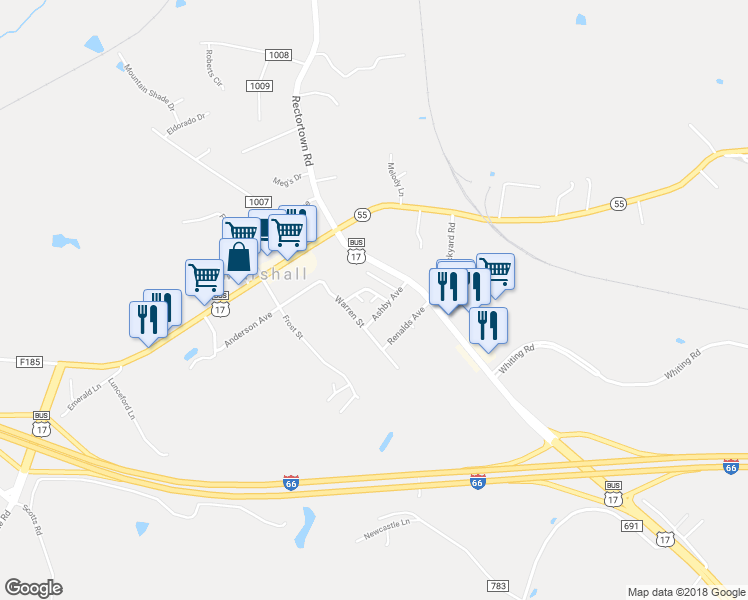 map of restaurants, bars, coffee shops, grocery stores, and more near 8467 Clover Court in Marshall