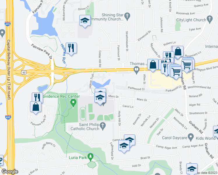 map of restaurants, bars, coffee shops, grocery stores, and more near 3151 Anchorway Court in Falls Church