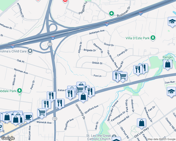 map of restaurants, bars, coffee shops, grocery stores, and more near 10303 Cardinal Road in Fairfax
