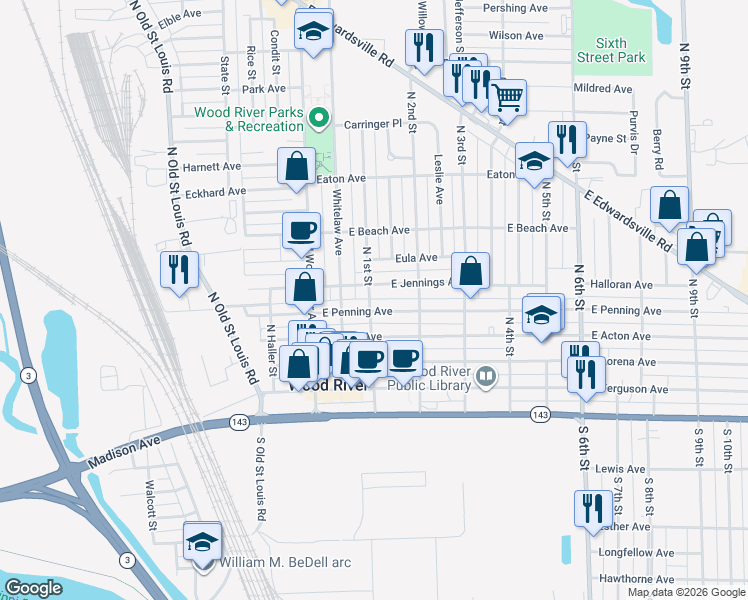 map of restaurants, bars, coffee shops, grocery stores, and more near 303 North 1st Street in Wood River