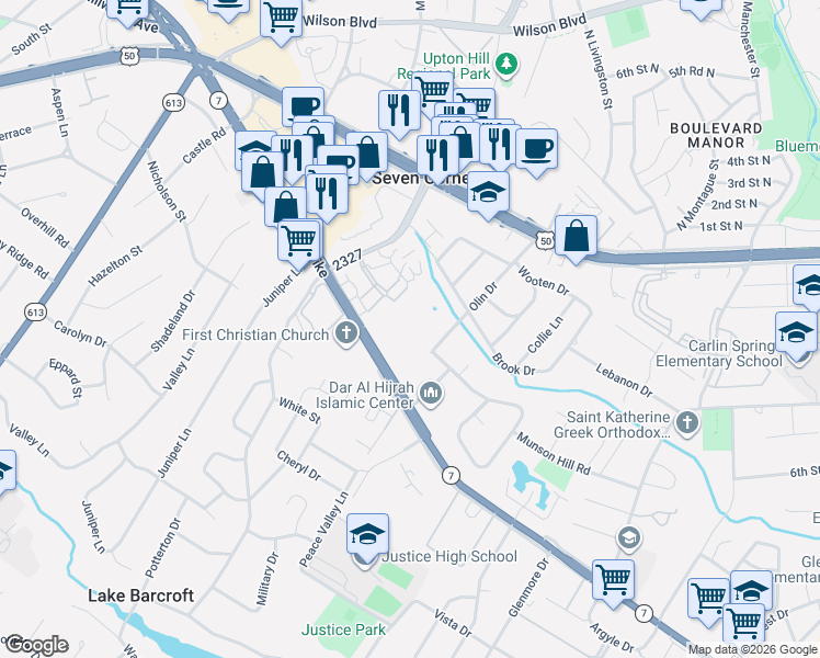 map of restaurants, bars, coffee shops, grocery stores, and more near 6166 Leesburg Pike in Falls Church