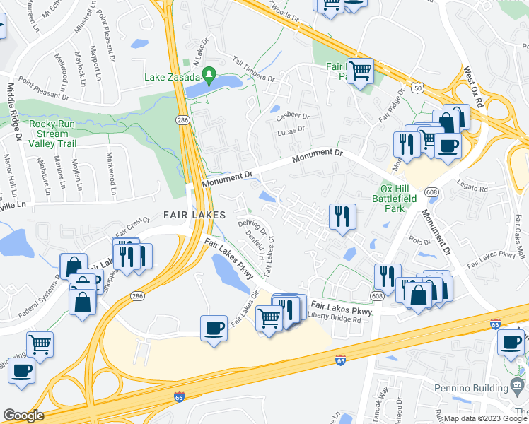 map of restaurants, bars, coffee shops, grocery stores, and more near 12481 Hayes Court in Fairfax