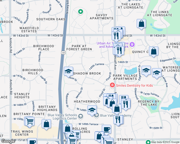 map of restaurants, bars, coffee shops, grocery stores, and more near 14537 Newton Street in Overland Park