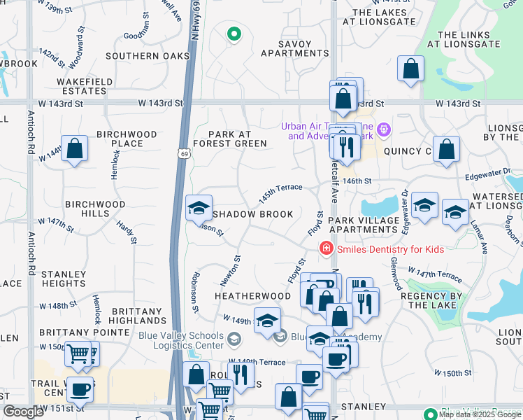 map of restaurants, bars, coffee shops, grocery stores, and more near 14537 Newton Street in Overland Park