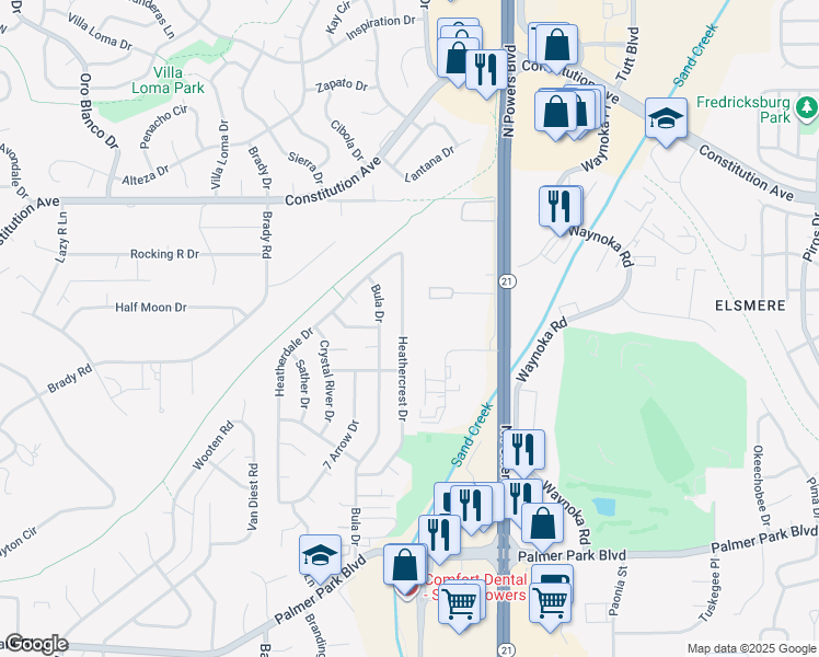 map of restaurants, bars, coffee shops, grocery stores, and more near 2205 Heathercrest Drive in Colorado Springs