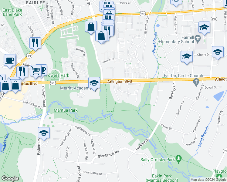 map of restaurants, bars, coffee shops, grocery stores, and more near 3146 Colchester Brook Lane in Fairfax