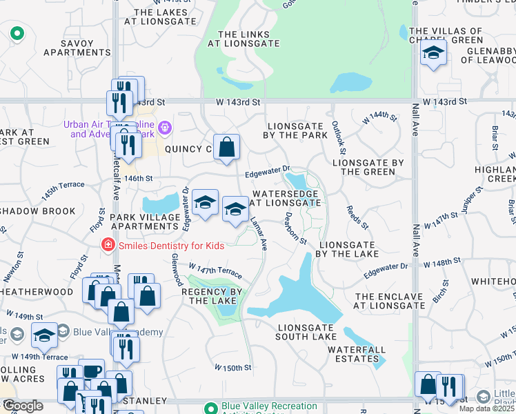 map of restaurants, bars, coffee shops, grocery stores, and more near 6206 West 146th Terrace in Overland Park