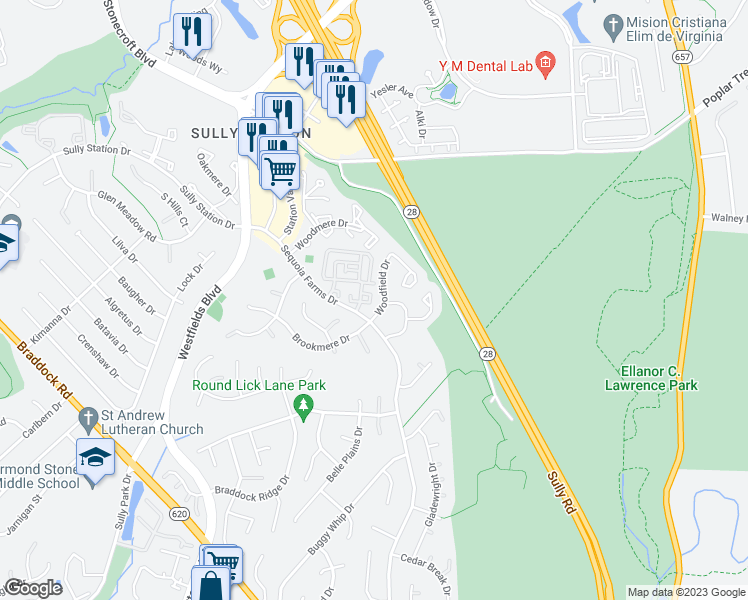 map of restaurants, bars, coffee shops, grocery stores, and more near 14427 Fallscliff Lane in Centreville