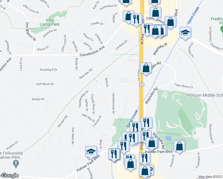 map of restaurants, bars, coffee shops, grocery stores, and more near 2210 Heathercrest Drive in Colorado Springs