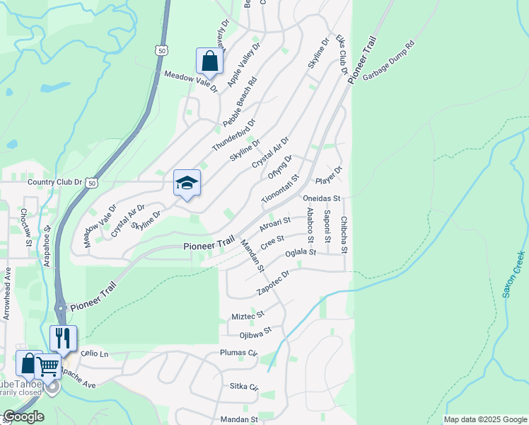 map of restaurants, bars, coffee shops, grocery stores, and more near Pioneer Trail & Tionontati Street in South Lake Tahoe