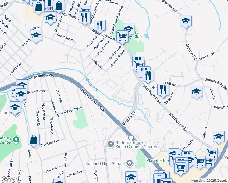 map of restaurants, bars, coffee shops, grocery stores, and more near 1924 Saint Bernadines Way in Capitol Heights