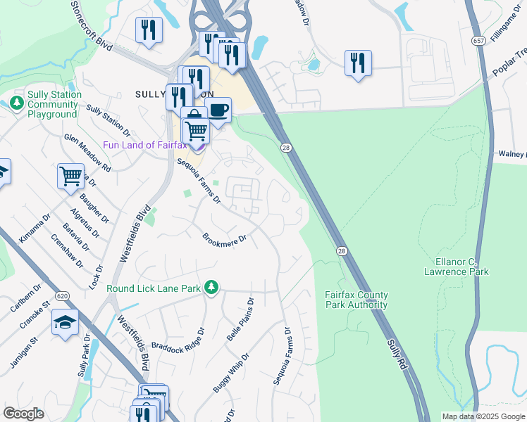 map of restaurants, bars, coffee shops, grocery stores, and more near 14419 Fallscliff Lane in Centreville