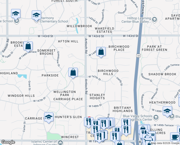 map of restaurants, bars, coffee shops, grocery stores, and more near 14700 West 147th Street in Overland Park