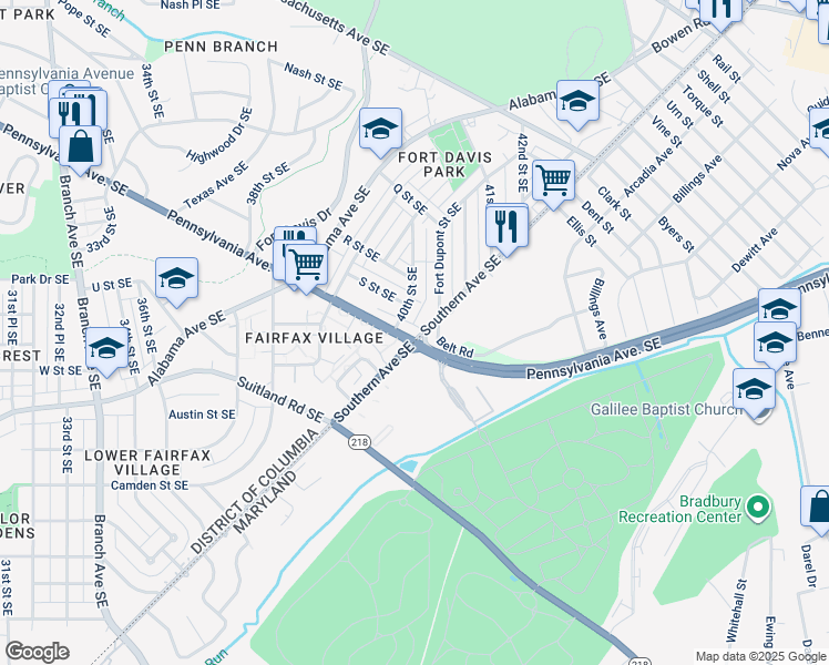 map of restaurants, bars, coffee shops, grocery stores, and more near 4018 Pennsylvania Avenue Southeast in Washington
