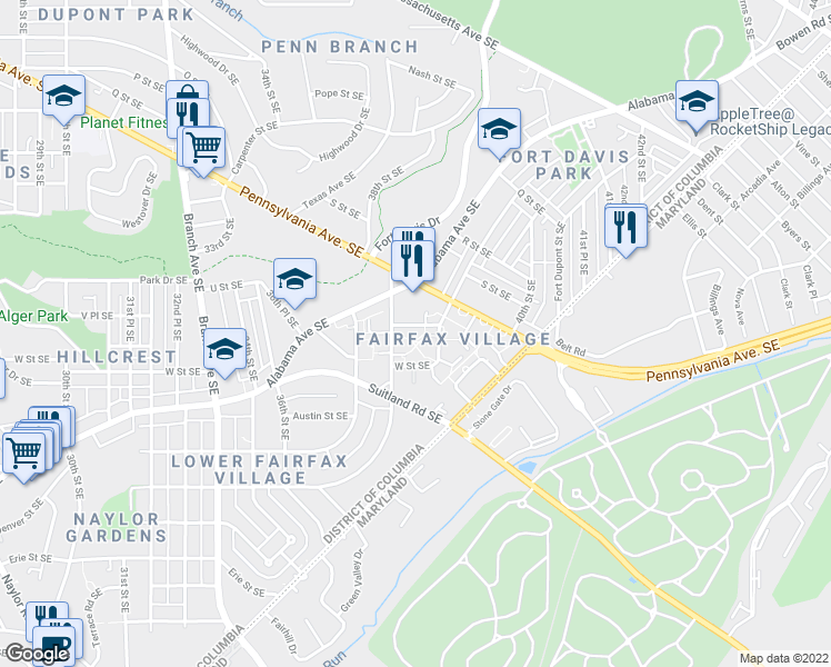 map of restaurants, bars, coffee shops, grocery stores, and more near 3809 V Street Southeast in Washington