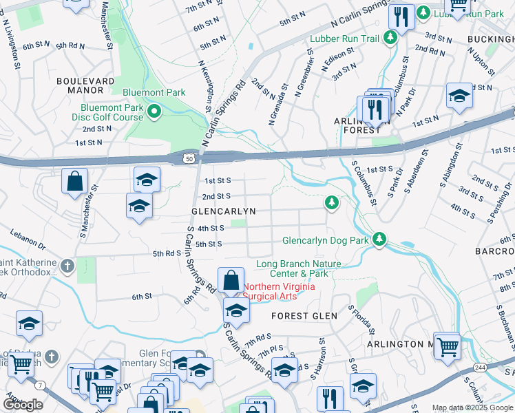 map of restaurants, bars, coffee shops, grocery stores, and more near 5621 3rd Street South in Arlington