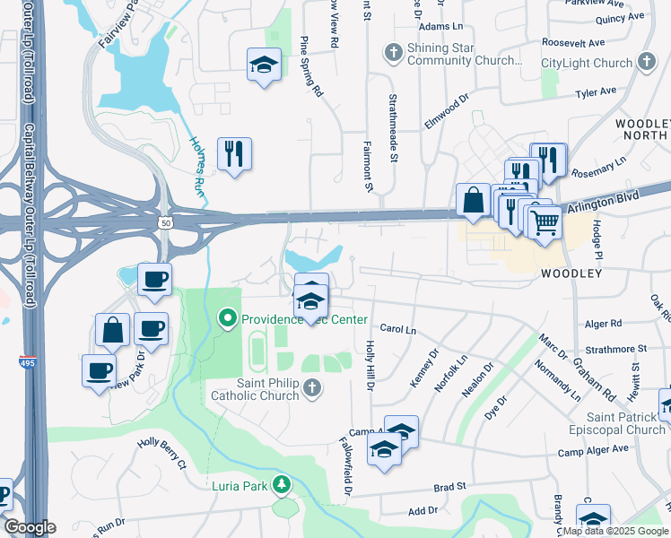 map of restaurants, bars, coffee shops, grocery stores, and more near 3151 Anchorway Court in Falls Church