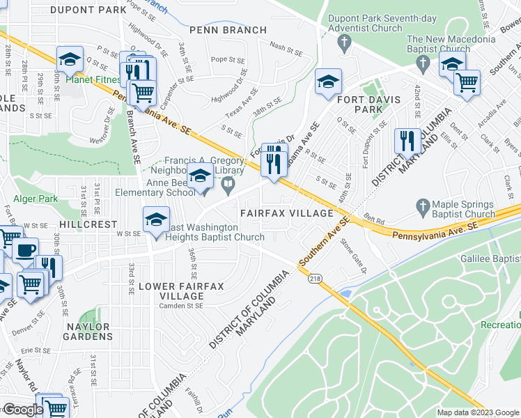 map of restaurants, bars, coffee shops, grocery stores, and more near 2108 38th Street Southeast in Washington