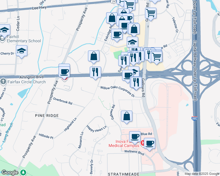 map of restaurants, bars, coffee shops, grocery stores, and more near 8301 Willow Oaks Corporate Drive in Fairfax