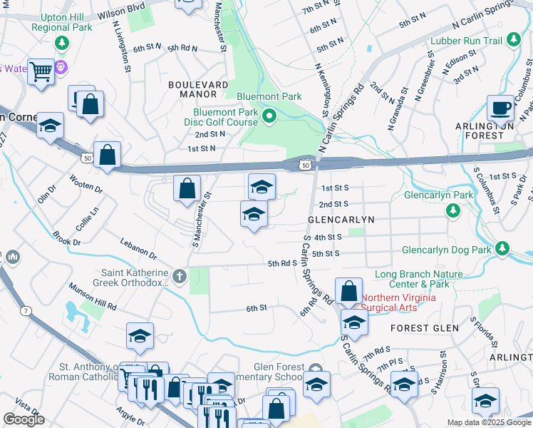 map of restaurants, bars, coffee shops, grocery stores, and more near 200 South Carlin Springs Road in Arlington