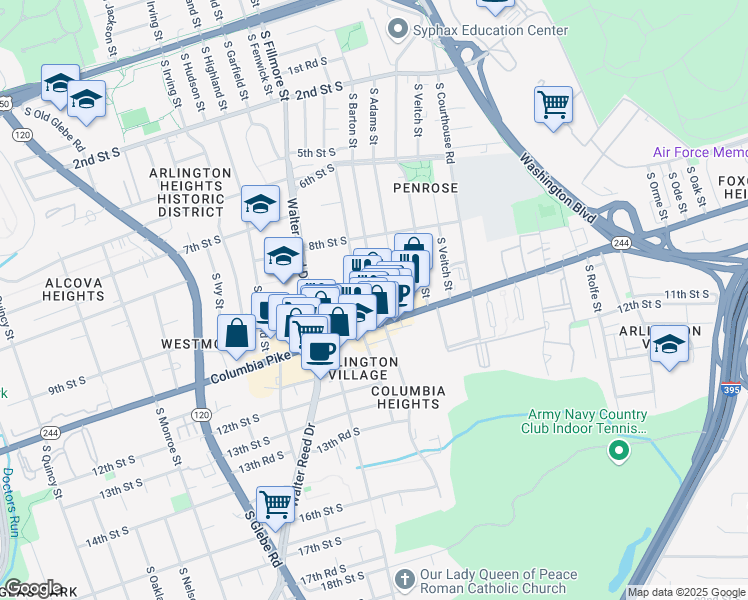map of restaurants, bars, coffee shops, grocery stores, and more near 2501 9th Road South in Arlington