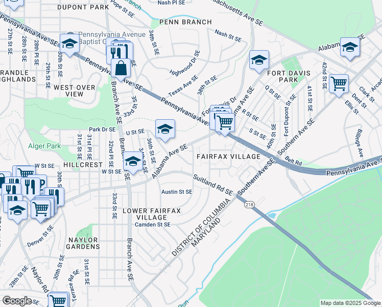 map of restaurants, bars, coffee shops, grocery stores, and more near 2007 37th Street Southeast in Washington