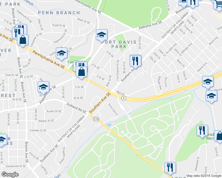 map of restaurants, bars, coffee shops, grocery stores, and more near 4018 Pennsylvania Avenue Southeast in Washington