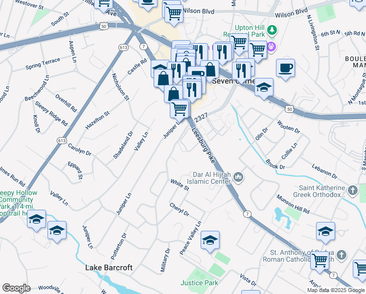 map of restaurants, bars, coffee shops, grocery stores, and more near 6220 Squires Hill Drive in Falls Church