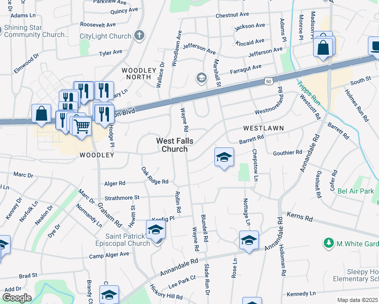 map of restaurants, bars, coffee shops, grocery stores, and more near 3113 Wayne Road in Falls Church