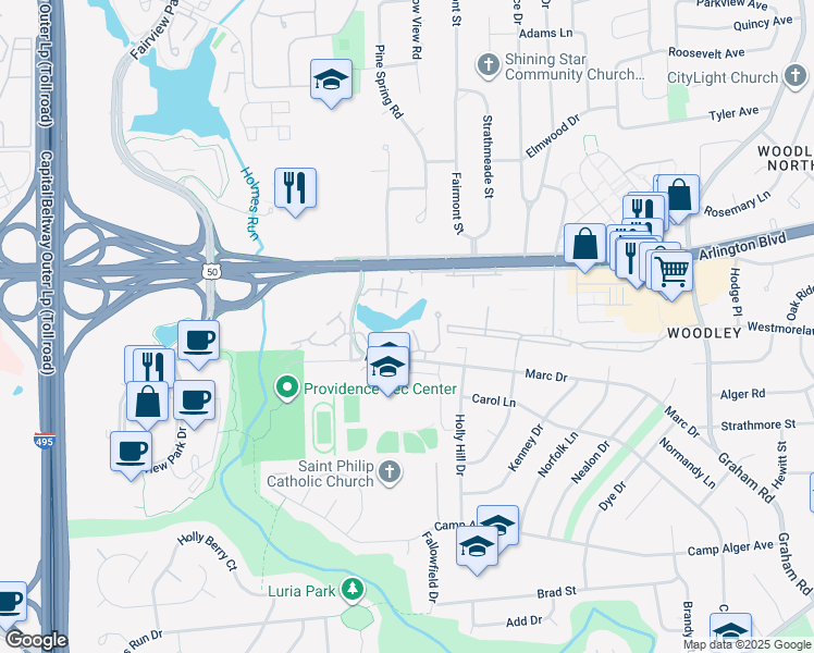 map of restaurants, bars, coffee shops, grocery stores, and more near 3150 Anchorway Court in Falls Church