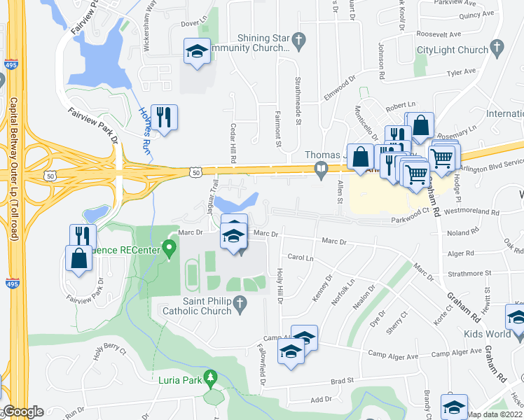 map of restaurants, bars, coffee shops, grocery stores, and more near 7596 Lakeside Village Drive in Falls Church
