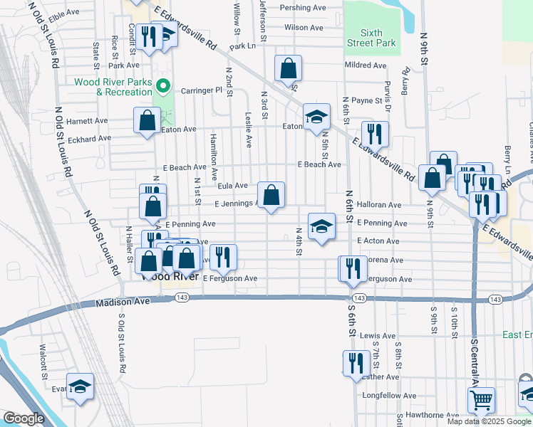 map of restaurants, bars, coffee shops, grocery stores, and more near 301 East Penning Avenue in Wood River