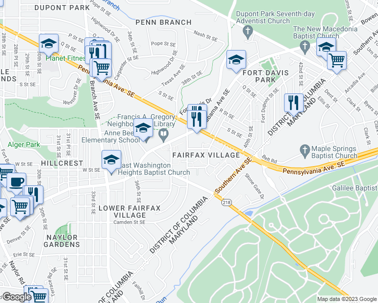 map of restaurants, bars, coffee shops, grocery stores, and more near 3809 V Street Southeast in Washington