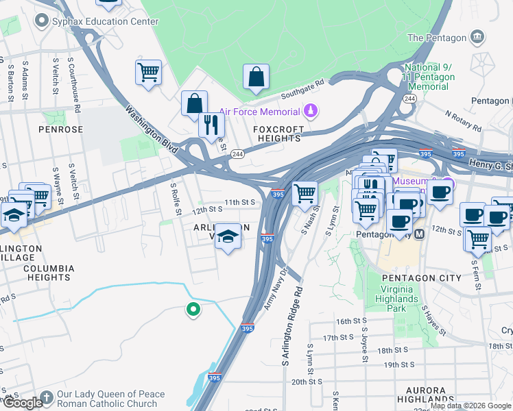 map of restaurants, bars, coffee shops, grocery stores, and more near 845 12th Street South in Arlington