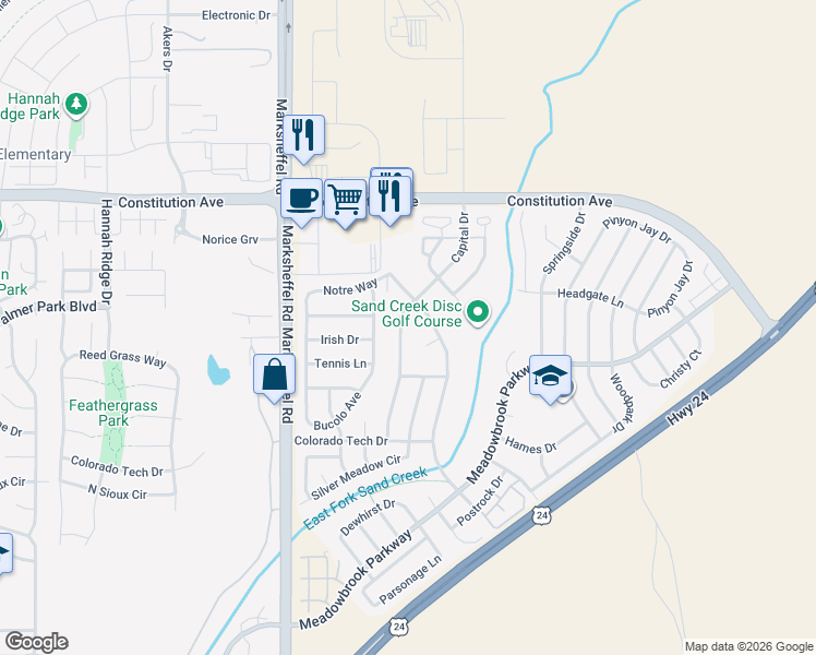 map of restaurants, bars, coffee shops, grocery stores, and more near 2115 Capital Drive in Colorado Springs