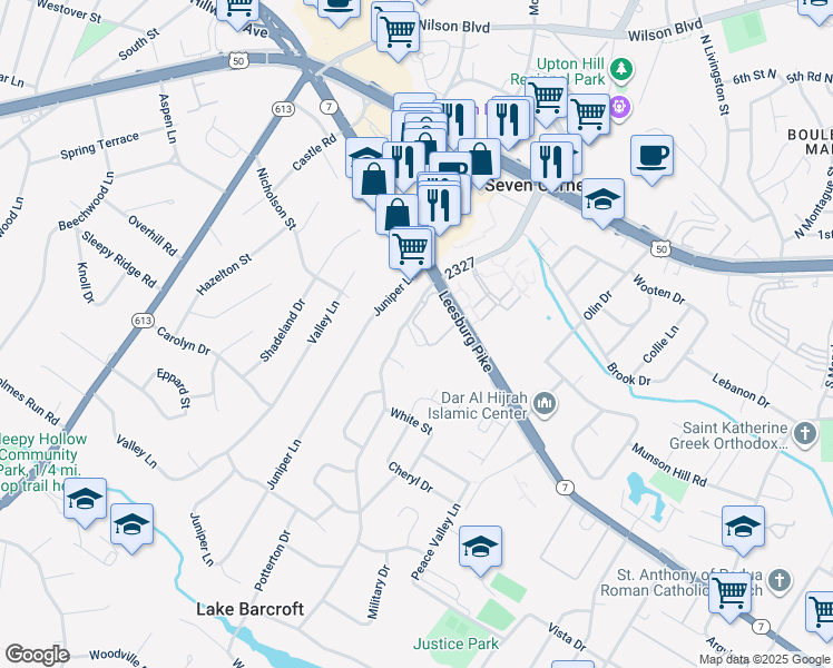 map of restaurants, bars, coffee shops, grocery stores, and more near 6220 Squires Hill Drive in Falls Church