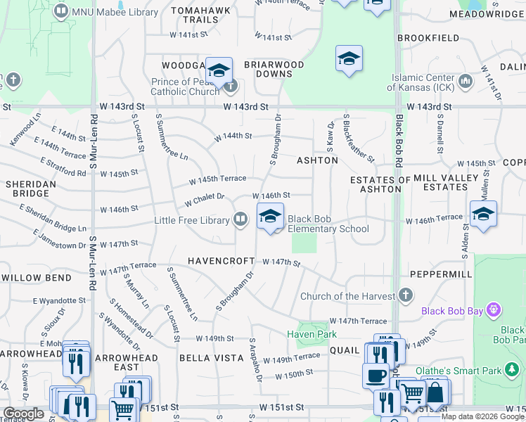 map of restaurants, bars, coffee shops, grocery stores, and more near 15742 West 146th Terrace in Olathe
