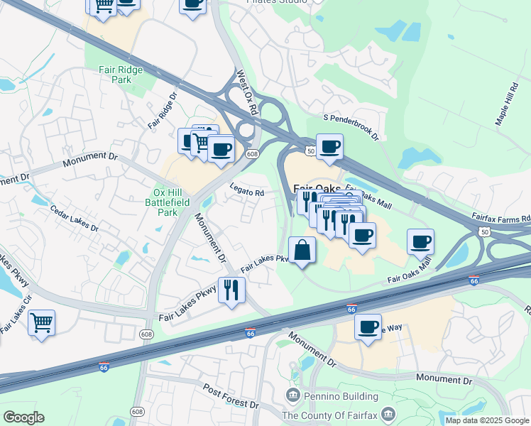 map of restaurants, bars, coffee shops, grocery stores, and more near 4157 Red Mulberry Drive in Fairfax