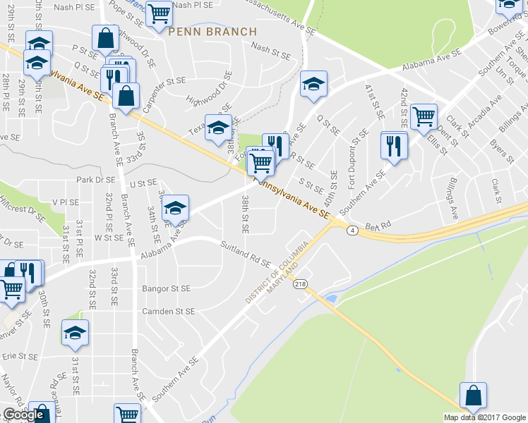 map of restaurants, bars, coffee shops, grocery stores, and more near 3817 V Street Southeast in Washington