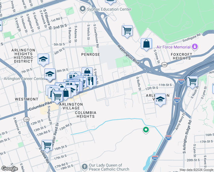 map of restaurants, bars, coffee shops, grocery stores, and more near 2040 Columbia Pike in Arlington